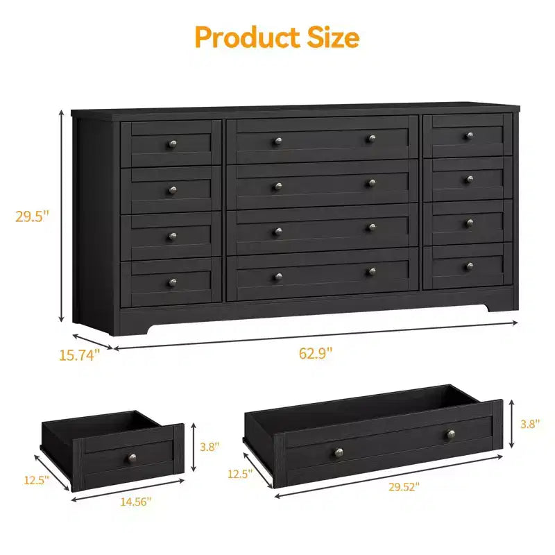 Cassettiera in legno con 12 cassetti per camera da letto, credenza TV moderna e larga per TV da 65 pollici, cassettiera in legno, contenitore in stile rustico per il soggiorno