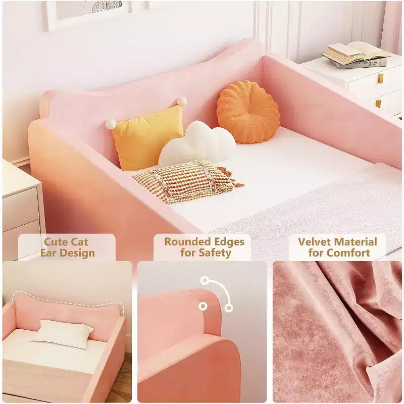 Lit pour tout-petit JOYMOR, lit au sol avec barrière de sécurité, lit Montessori pour tout-petit avec formes d'oreilles d'animaux, rose