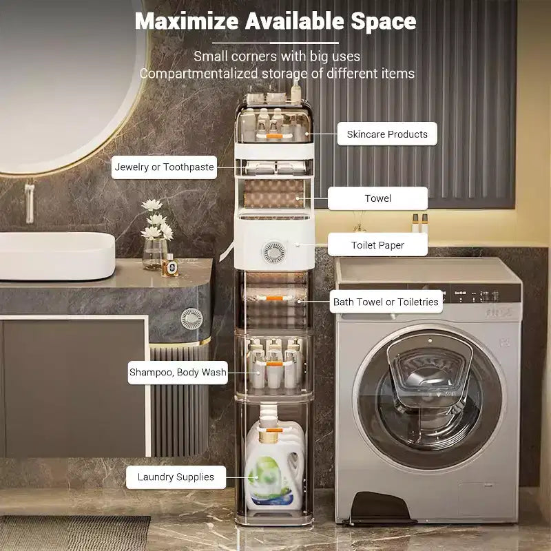 Smalle badkamerkast met 7 niveaus - smalle opbergkast met waterdichte opbergers, tissuedooshouder en wieltjes, ideaal voor de badkamer, keuken en wasruimte