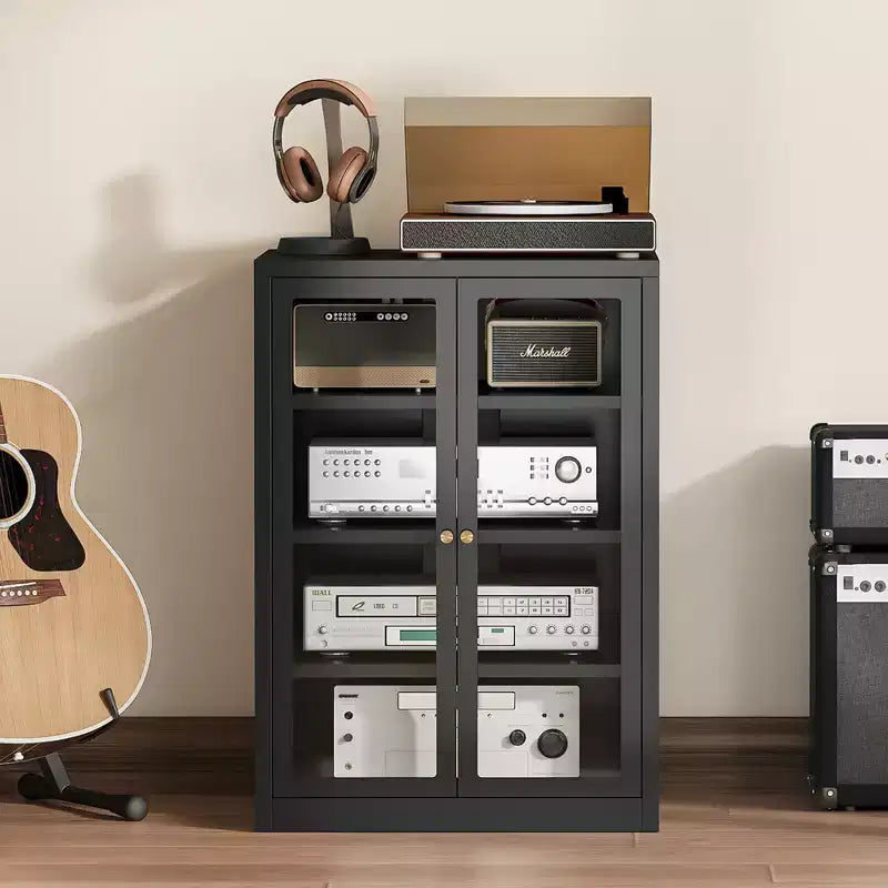 Meuble multimédia en métal Bekrvio, meuble stéréo à 4 niveaux avec portes en verre et étagères réglables, rack audio et audiovisuel avec gestion des câbles