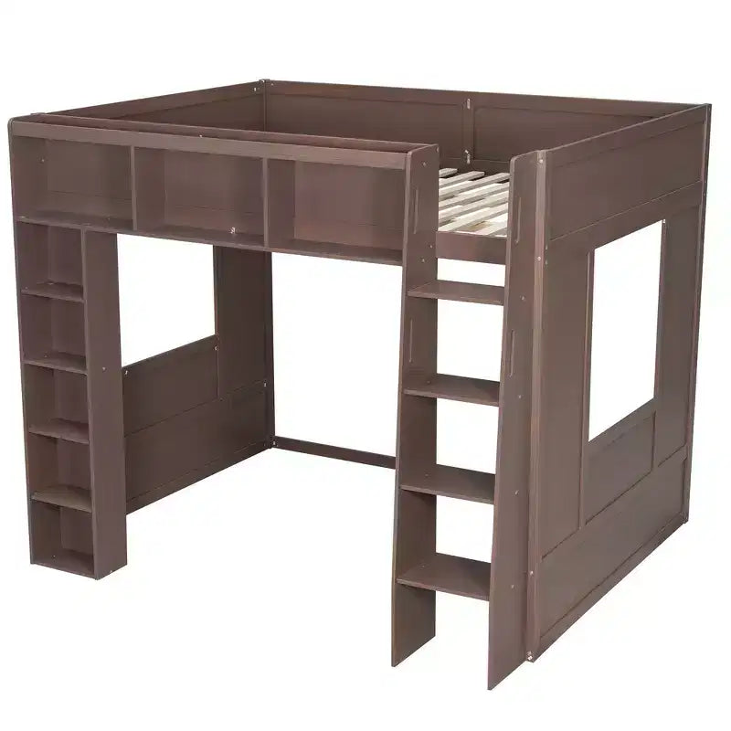 Struttura letto a soppalco in legno Whisen Queen Size con armadietti e ripiani contenitori