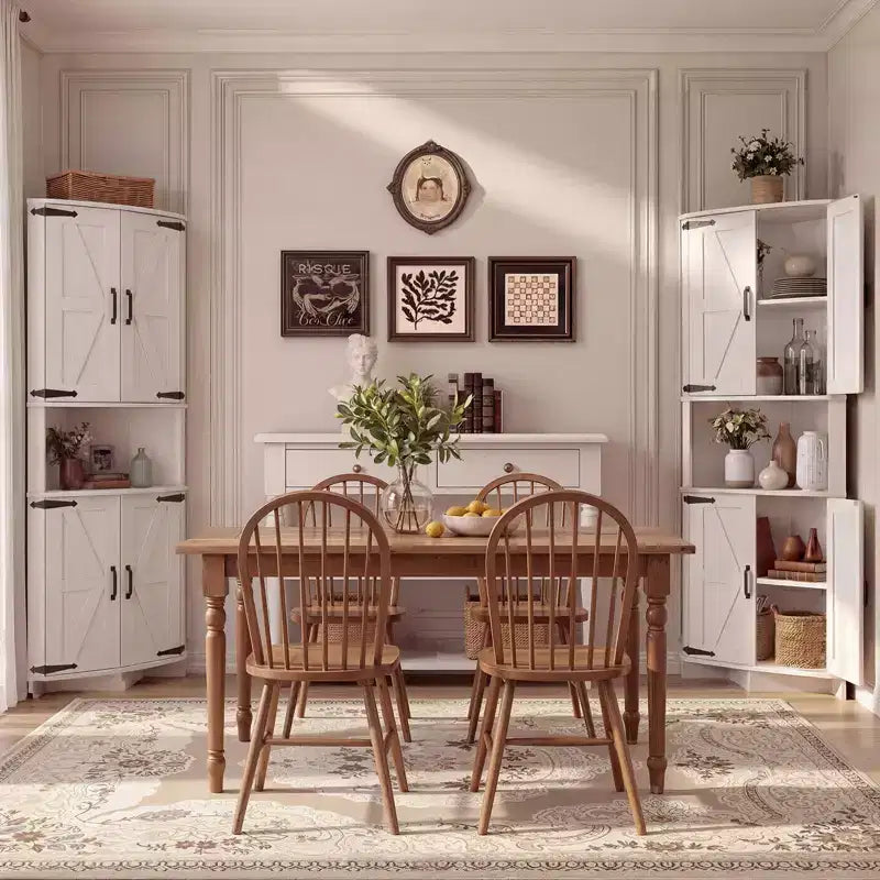 64.8 hohe Eckvitrine mit Türen, brauner Eckschrank im Landhausstil, freistehender Eck-Vorratsschrank mit verstellbaren Einlegeböden