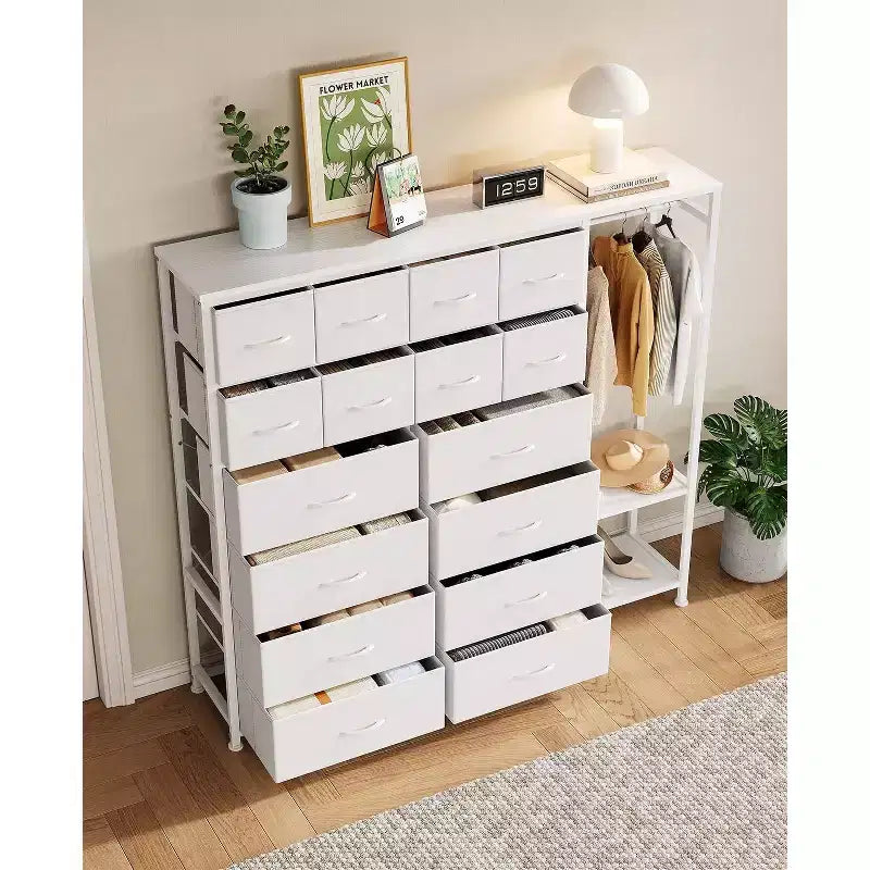 Commode avec 16 tiroirs, tringle de penderie et étagères, organisateur de rangement en tissu pour chambre, placard ou entrée