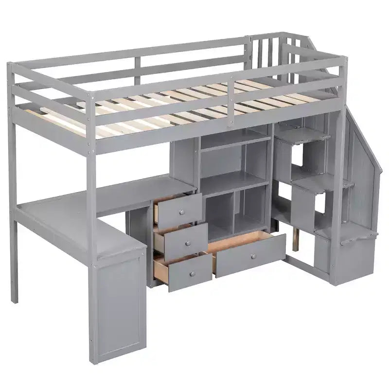 Hoogslaper voor een eenpersoonsmatras met L-vormig bureau, 3 laden, kast, opbergruimte in de trap, gemaakt van massief grenenhout/MDF