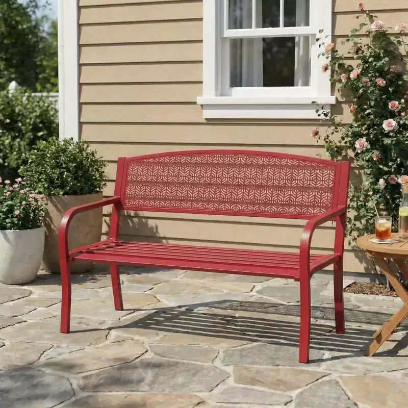 Panchina da esterno in metallo per 2 persone, panca in acciaio con schienale geometrico per patio, giardino e veranda