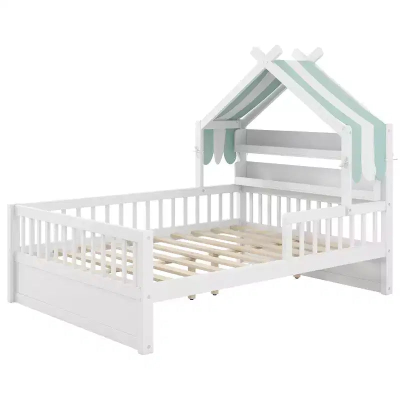 ModernLuxe houten huisbed in twin-/full-size met opbergvak in het hoofdbord, bedframe van massief grenenhout voor kinderen met veiligheidsleuningen