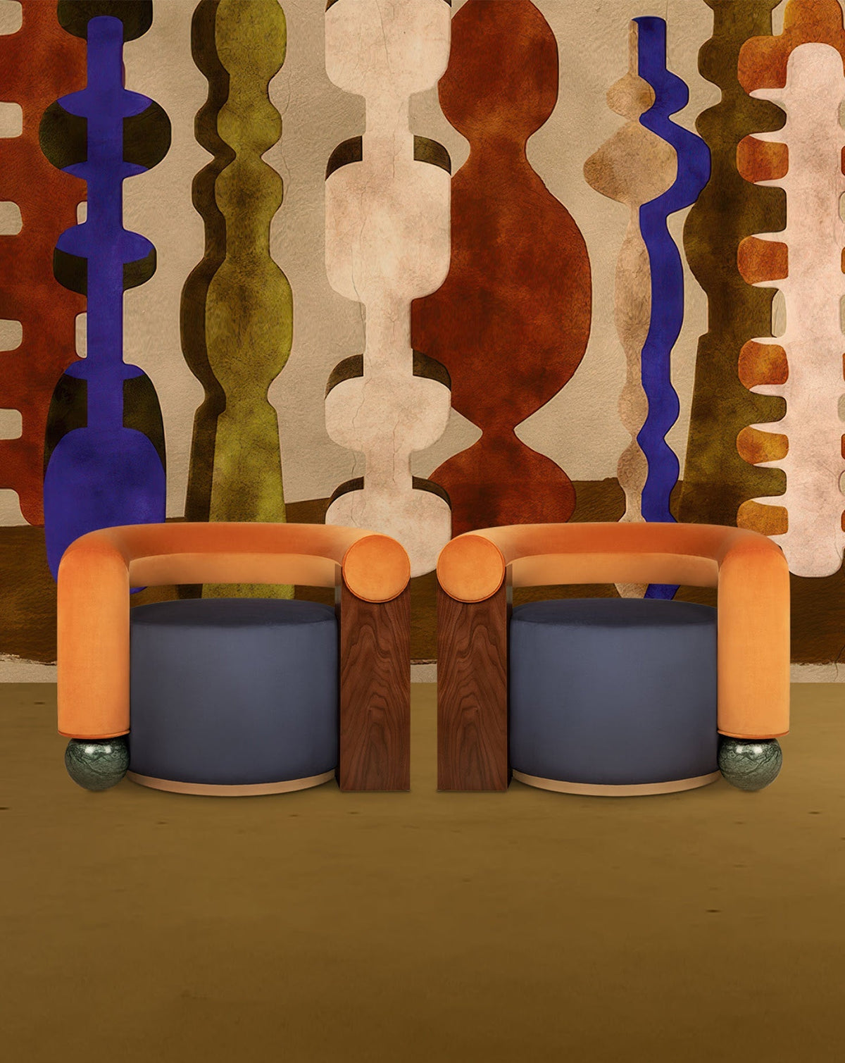 Fauteuil en velours à asymétrie géométrique et piètement en laiton II