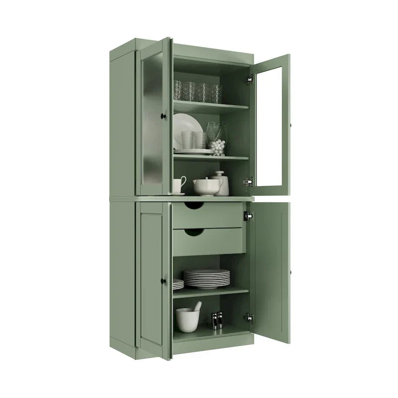 Credenza dispensa in legno massello al 100% con ante in vetro satinato, ante piene, 2 cassetti e ripiani regolabili