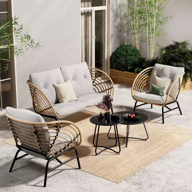 Ensemble de patio d’extérieur en osier GRANDPATIO de 5 pièces avec causeuse