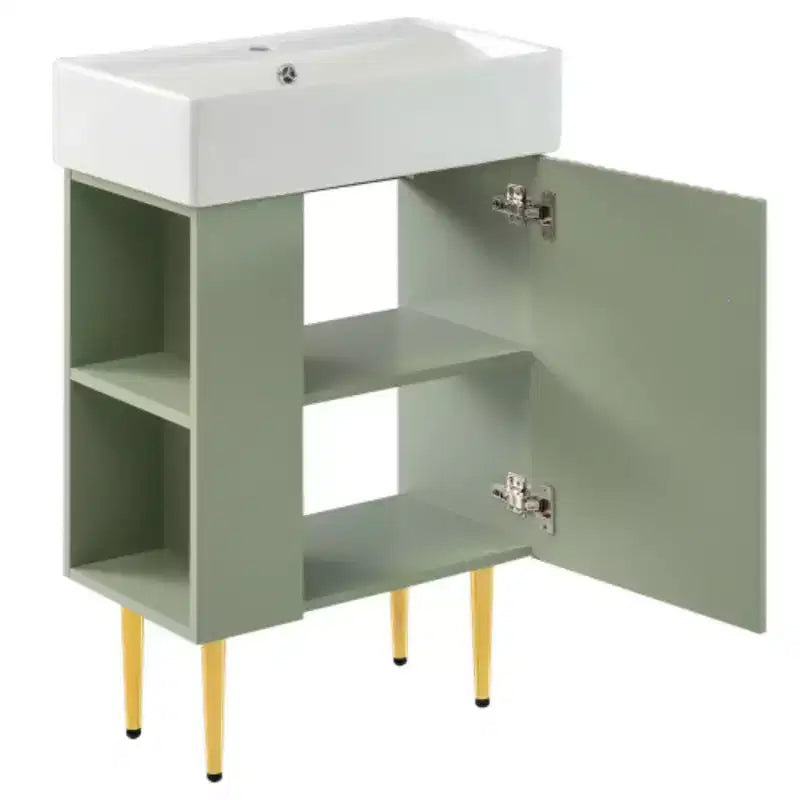 Witte badkamermeubelcombinatie van 21.6, opbergkast voor de badkamer, enkele keramische wastafel, opbergruimte aan de linkerkant