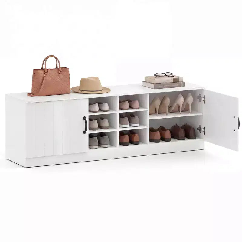 Banc à chaussures à 2 portes avec étagères réglables, espace de rangement dissimulé, naturel + blanc/Blanc