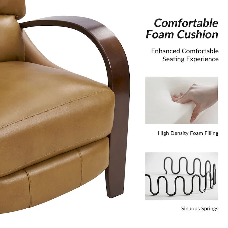 Alex handmatige relaxfauteuil van echt sigarenkleurig leer in mid-century moderne stijl, met gebogen houten armleuningen