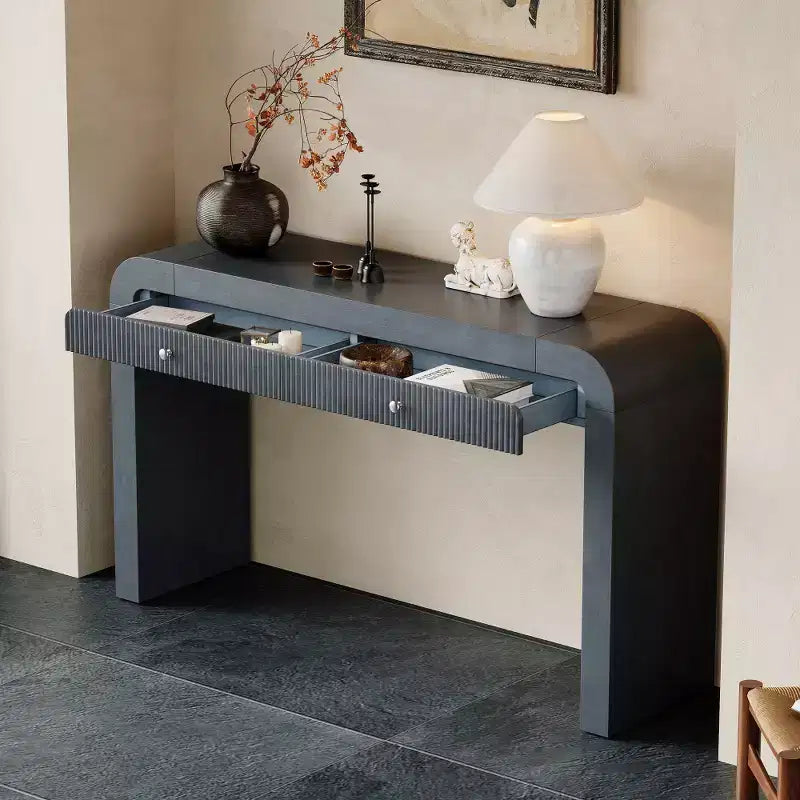 Tavolo consolle rustico Whisen, tavolo da ingresso e tavolino laterale con frontale del cassetto scanalato