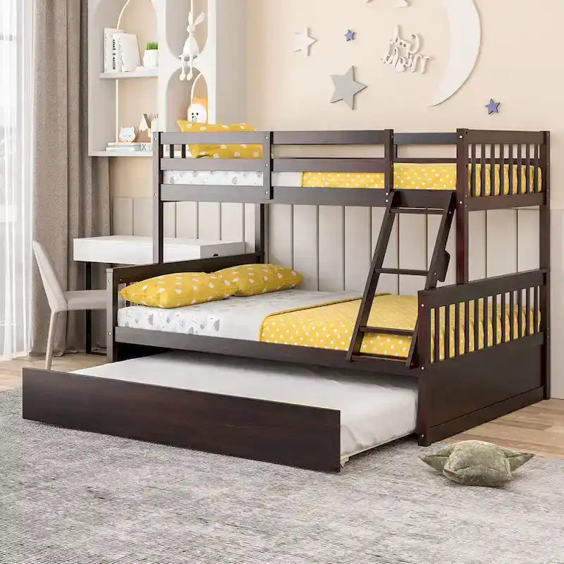 Lit superposé Gymax, couchage haut 1 place et couchage bas 2 places, avec lit gigogne 1 place et plateforme convertible
