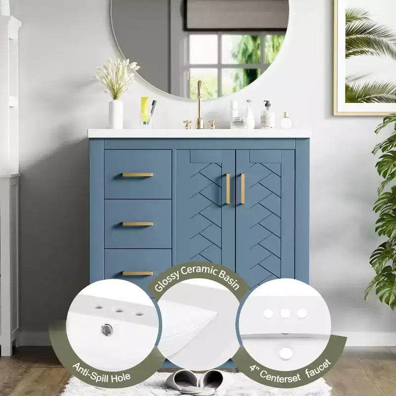 Badkamermeubel van 30 inch met enkele wastafel, kast en 3 laden - zwart / blauw / groen / indigo / wit