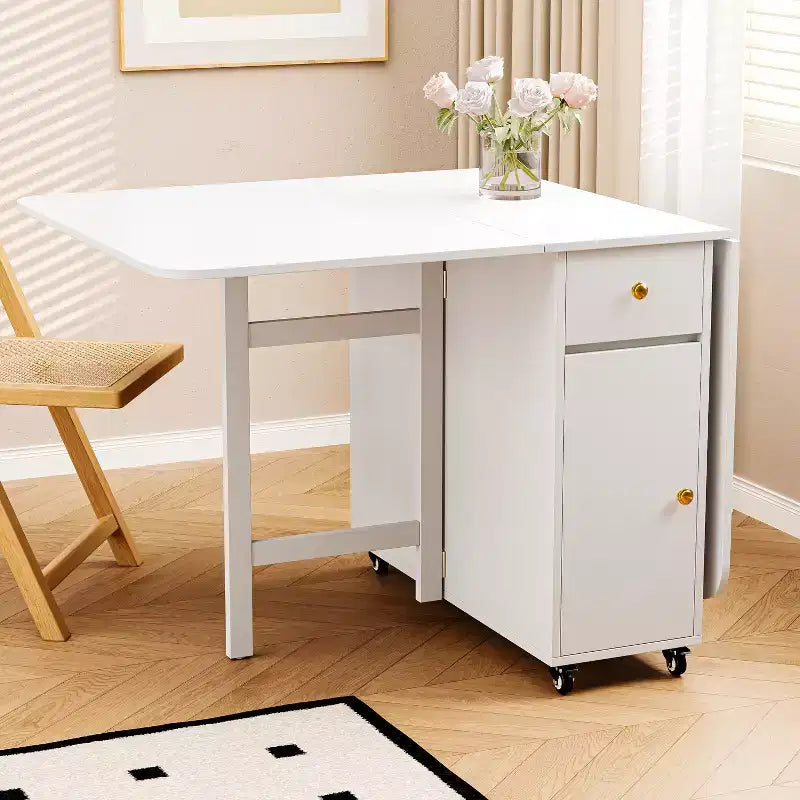 ATJafurn 59' inklapbare eettafel met uitklapbare bladen voor kleine ruimtes, rechthoekige uitschuifbare houten keukentafel met wielen en opbergruimte