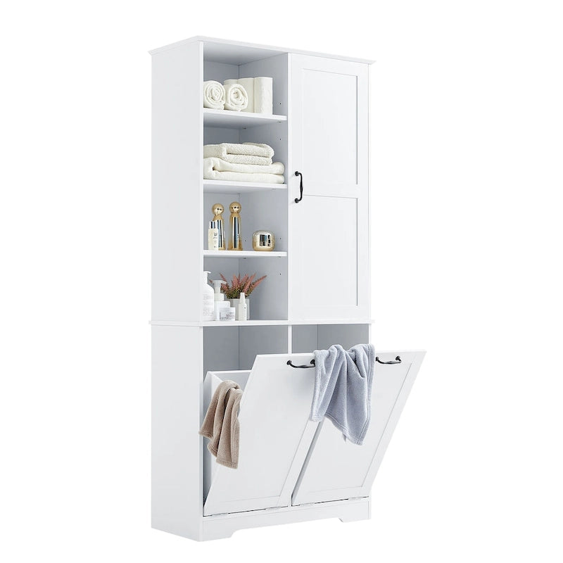 Meuble de rangement de salle de bain avec tiroirs, panier à linge basculant, plusieurs espaces de rangement, étagère ouverte et étagère réglable