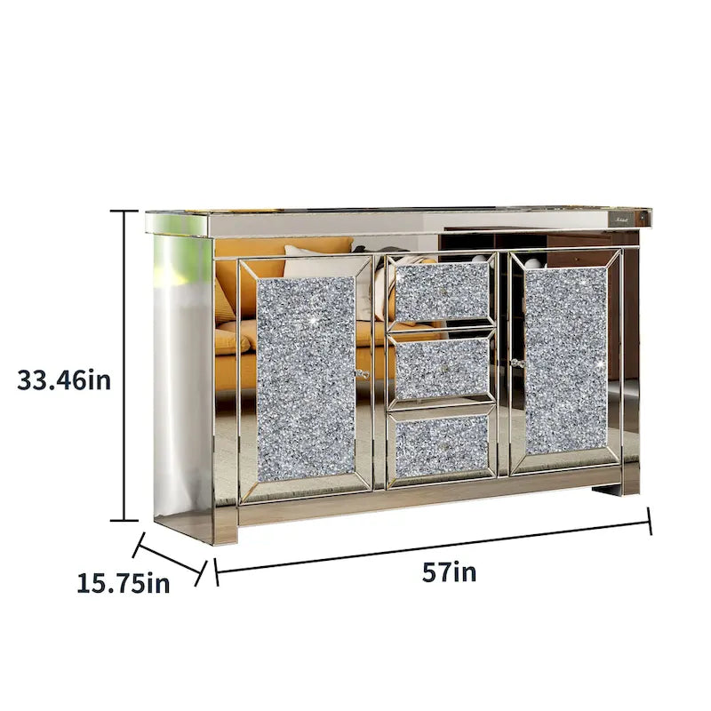 Credenza decorativa glam a specchio con motivo a rombi e 3 cassetti