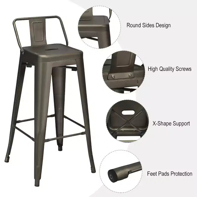 Costway set van 4 metalen barkrukken, zithoogte 30'', industriële barkrukken met lage rugleuning van staal W/