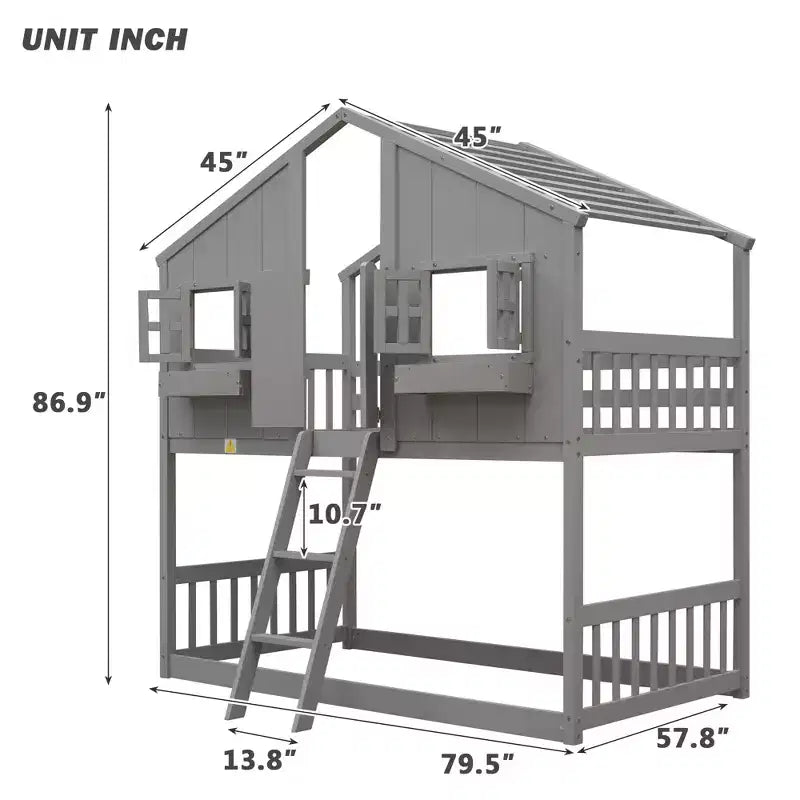Letto a soppalco a forma di casetta per letto singolo, in legno, con scala e sponde di protezione per bambini