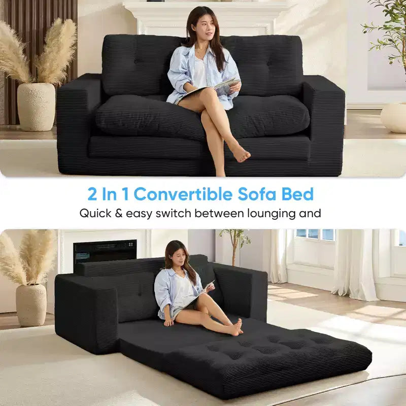 Canapé-lit futon convertible 2-en-1 Mjkone de 71', en tissu côtelé, pliable et capitonné avec boutons, canapé-lit deux places gain de place