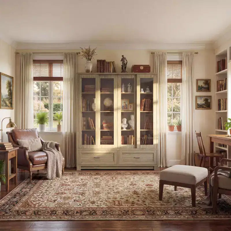 Famapy vitrinekast met licht eikenhoutnerf: 63W, schuifdeuren van glas en ladeopbergruimte, ruime opberger voor thuisbibliotheken en woonkamers