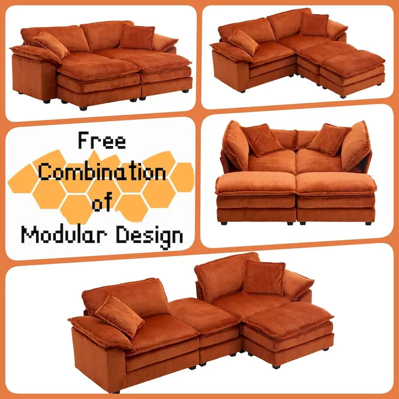 Modernes 2-Sitzer-Cordsofa mit 4 Stützkissen und 2 Hockern