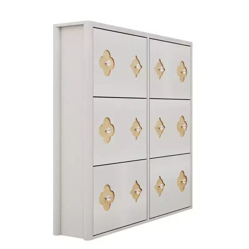 Meuble à chaussures en bois avec 6 tiroirs basculants, étagères réglables, motif floral, poignées en losange, rangement mince sur pied pour l’entrée