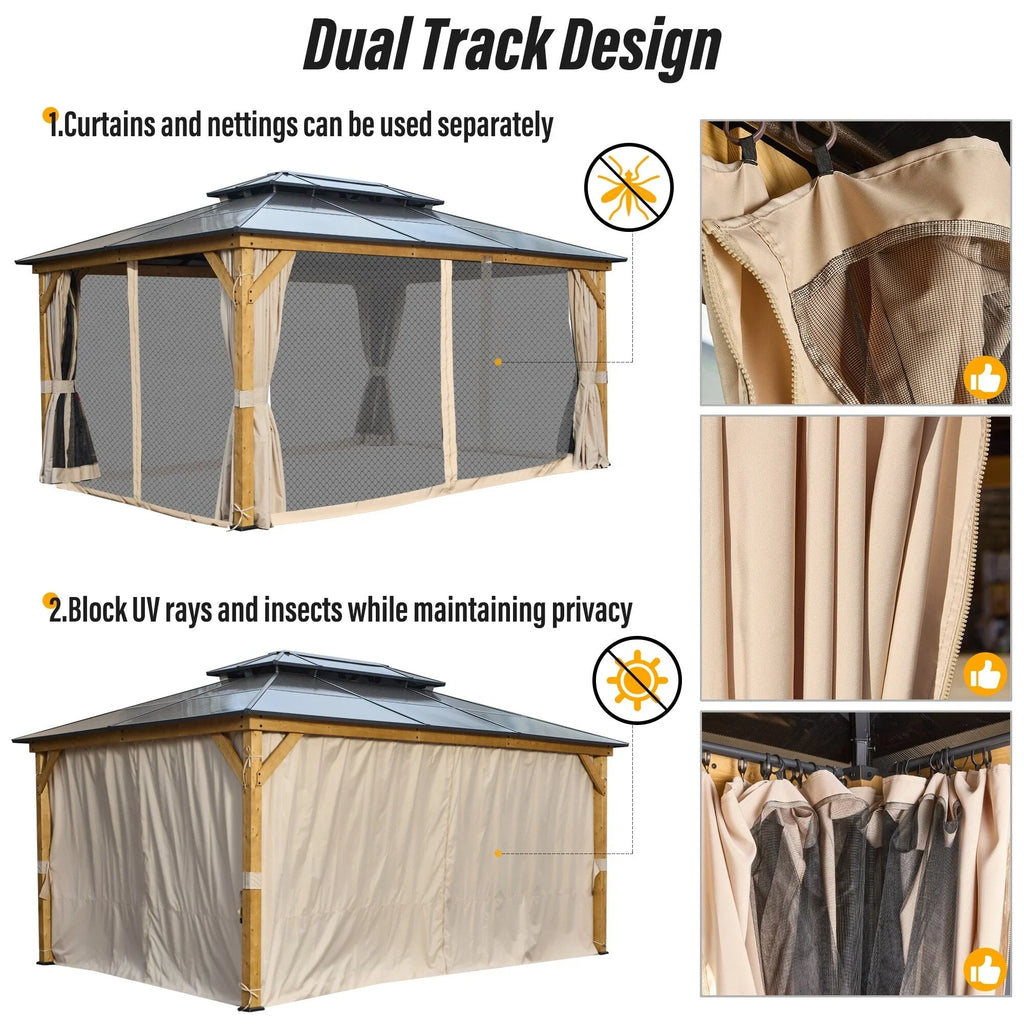 Gazebo EROMMY con tetto rigido, pergola da esterno con doppio tetto, rete e tende, copertura robusta per patio, giardino e feste in piscina