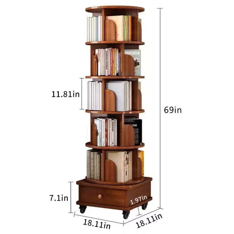 Libreria angolare girevole a 360° Chic Crate a 6 ripiani con ruote, libreria stretta per spazi ridotti, marrone noce