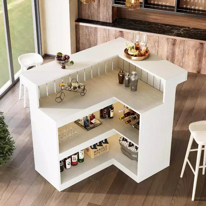 Bancone bar angolare a L Lantine per la casa, mobile da bar ad angolo a 4 ripiani con mensole e portabicchieri da vino per pub domestico