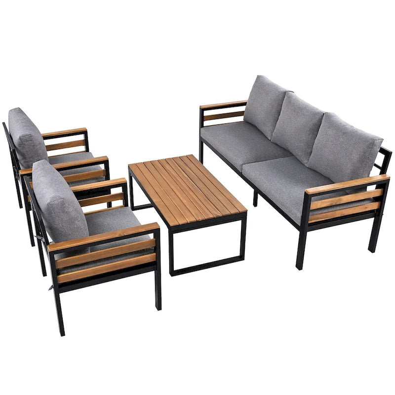 Ensemble de canapé d'extérieur 4 pièces pour 5 personnes, avec table basse en bois massif et coussins amovibles