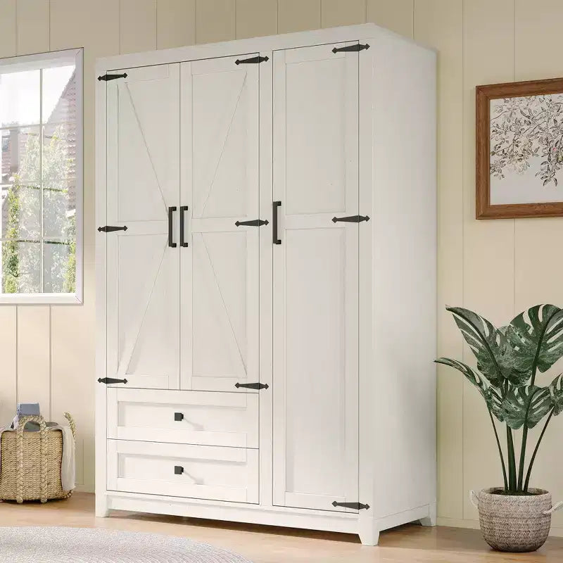 Armoire de style fermier AMERLIFE 47 avec 3 portes, 2 tiroirs, tringle de penderie et étagères réglables, organisateur de dressing autoportant