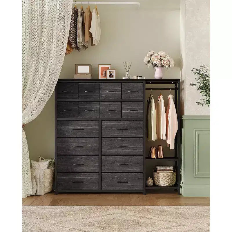 Commode avec 16 tiroirs, tringle de penderie et étagères, organisateur de rangement en tissu pour chambre, placard ou entrée