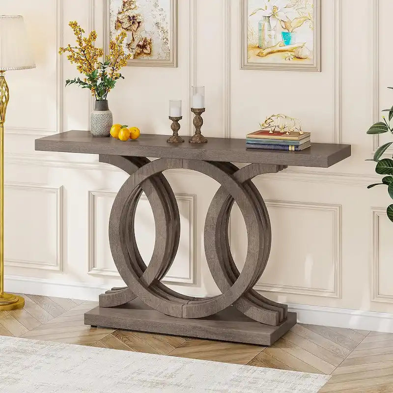Table console vintage en bois pour couloir, avec piètement géométrique