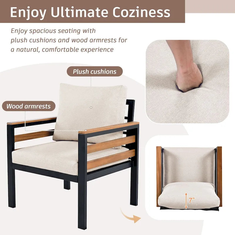 Ensemble de canapé d'extérieur 4 pièces pour 5 personnes, avec table basse en bois massif et coussins amovibles
