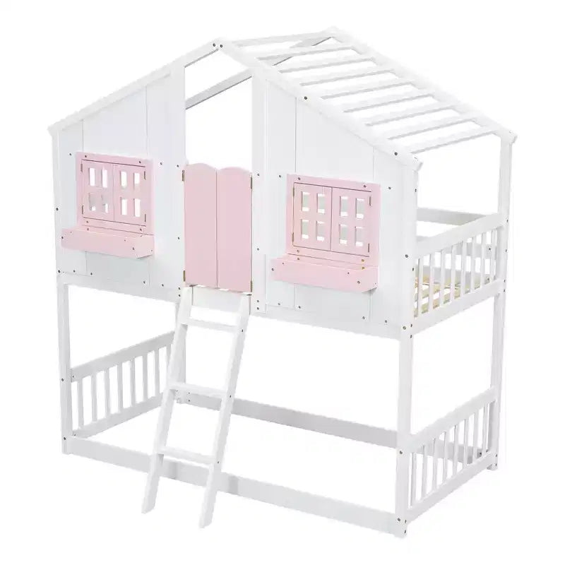 Letto a soppalco a forma di casetta per letto singolo, in legno, con scala e sponde di protezione per bambini