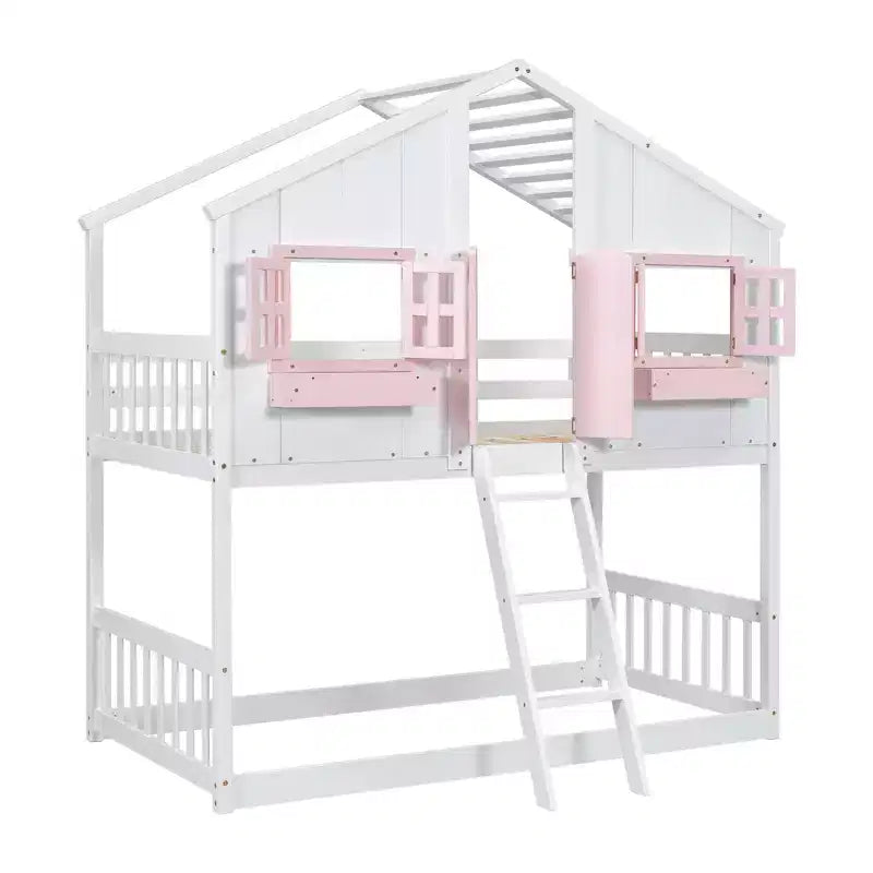 Letto a soppalco a forma di casetta per letto singolo, in legno, con scala e sponde di protezione per bambini