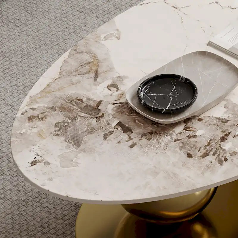 Tavolino da salotto ovale Modern Pandora 51 con piano in pietra sinterizzata lucida, tavolino di lusso con gambe in acciaio inossidabile per il soggiorno