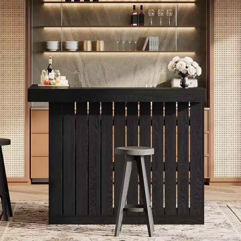 Bancone bar angolare a L Lantine per la casa, mobile da bar ad angolo a 4 ripiani con mensole e portabicchieri da vino per pub domestico