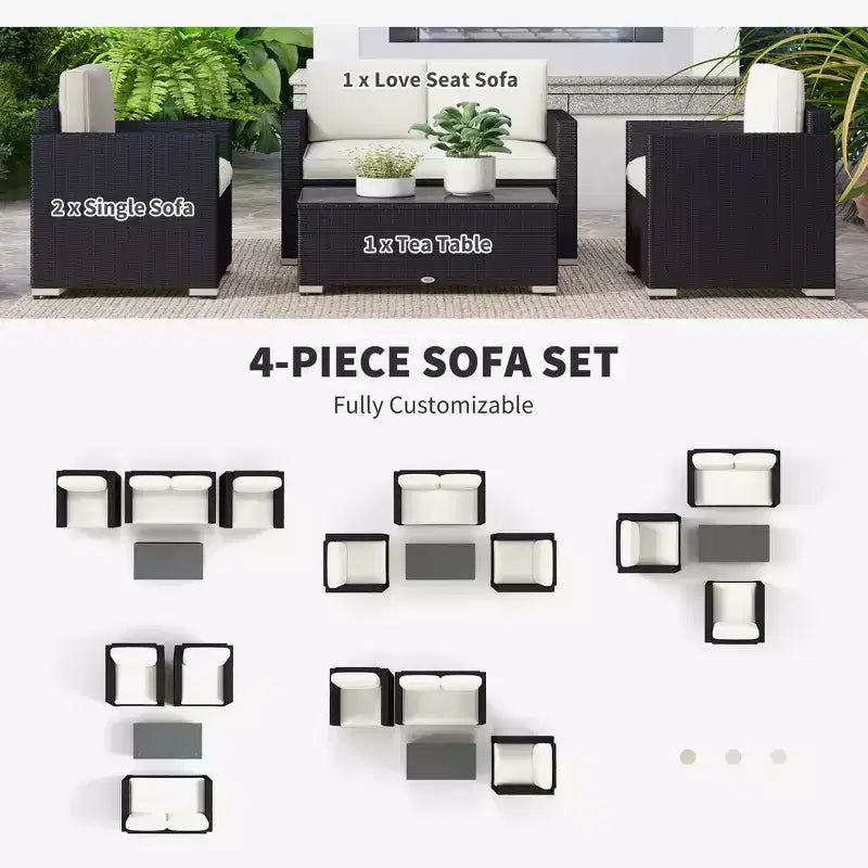 4-teiliges Rattan-Sofaset, Patio-Sofaset aus Korbgeflecht mit Zweisitzersofa, Sesseln und Couchtisch mit Glasplatte für den Garten und Außenbereich