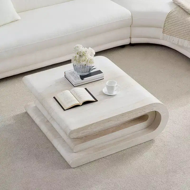 Tavolino da salotto moderno a più livelli con motivo travertino GDFStudio Laurine