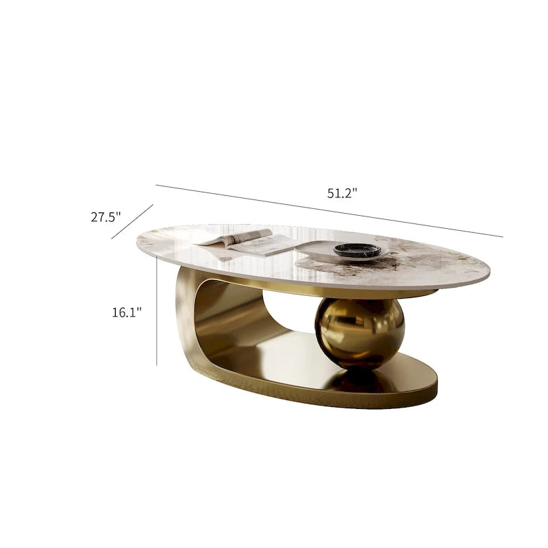 Tavolino da salotto ovale Modern Pandora 51 con piano in pietra sinterizzata lucida, tavolino di lusso con gambe in acciaio inossidabile per il soggiorno