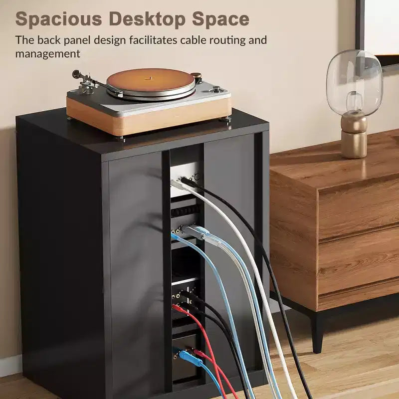 Meuble multimédia en métal Bekrvio, meuble stéréo à 4 niveaux avec portes en verre et étagères réglables, rack audio et audiovisuel avec gestion des câbles
