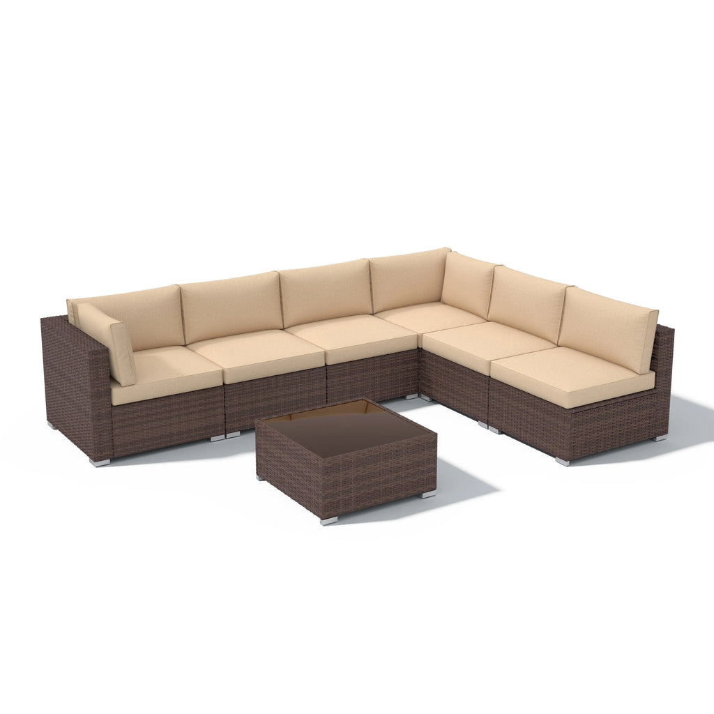 7-teiliges Outdoor-Ecksofaset aus Rattan und Stahl mit Kissen