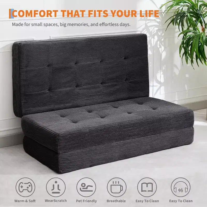 SunnyFurn drievoudig opvouwbaar matras en slaapbank van 6 Inch, opvouwbaar schuimrubberen logeerbed van 75X54.3 met geribde ribfluweelbekleding, draagbaar voor kamperen, woonkamer en slaapkamer