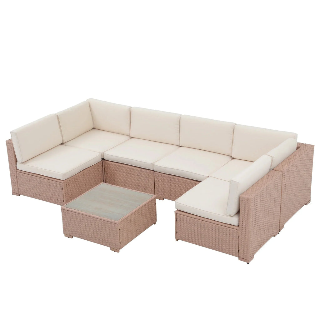 7-teiliges Outdoor-Ecksofaset aus Rattan und Stahl mit Kissen