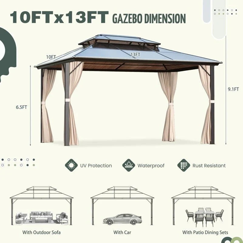 Gazebo EROMMY con tetto rigido, pergola da esterno con doppio tetto, rete e tende, copertura robusta per patio, giardino e feste in piscina