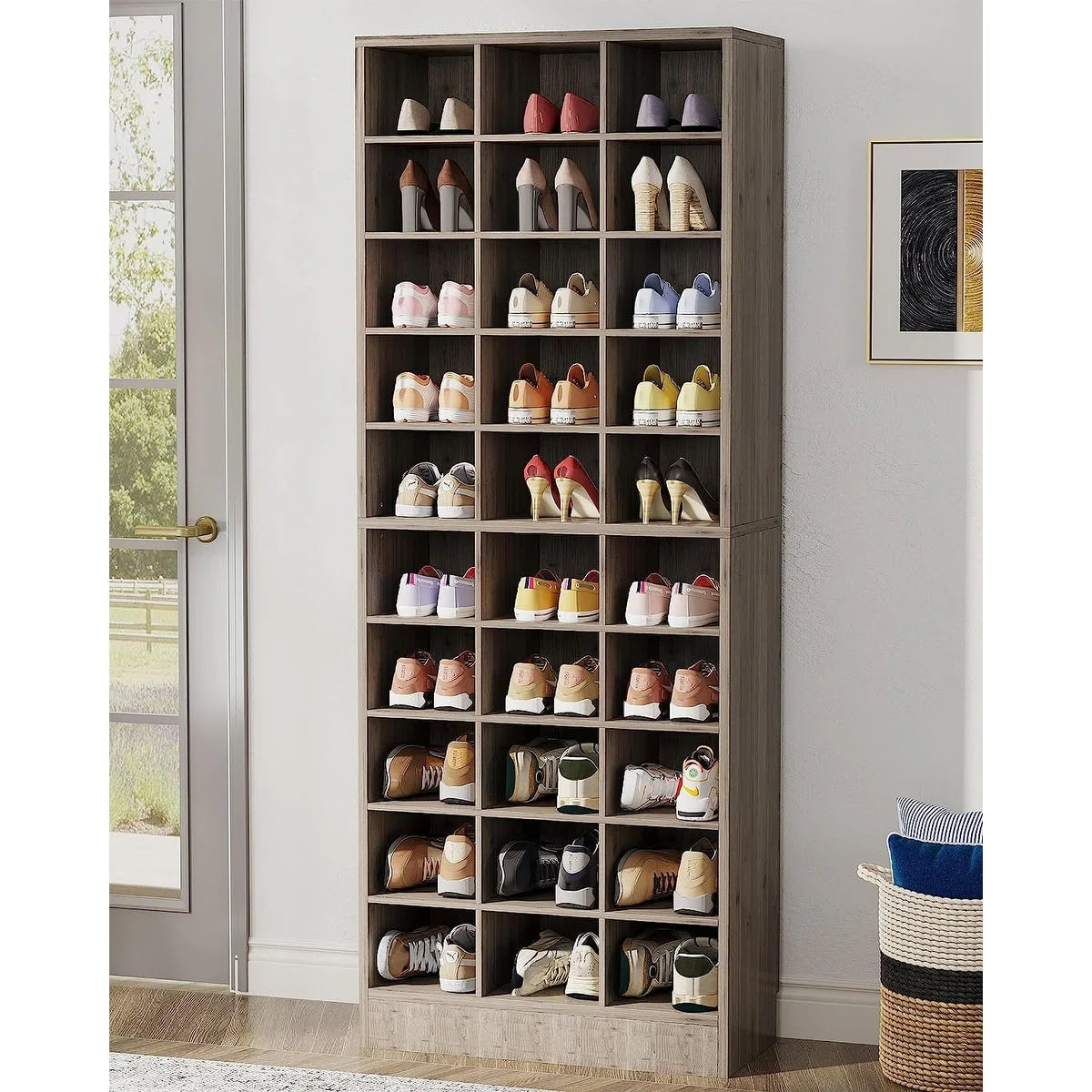 Meuble à chaussures haut pour 30 paires, meuble de rangement à 10 niveaux en bois blanc pour placard et entrée - 10 niveaux