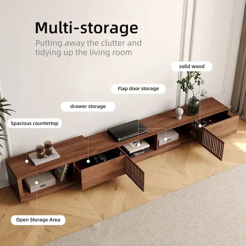 Meuble TV moderne rétractable et extensible avec 4 tiroirs, jusqu’à 103 pouces - 78.54D x 15.74W x 13.78H